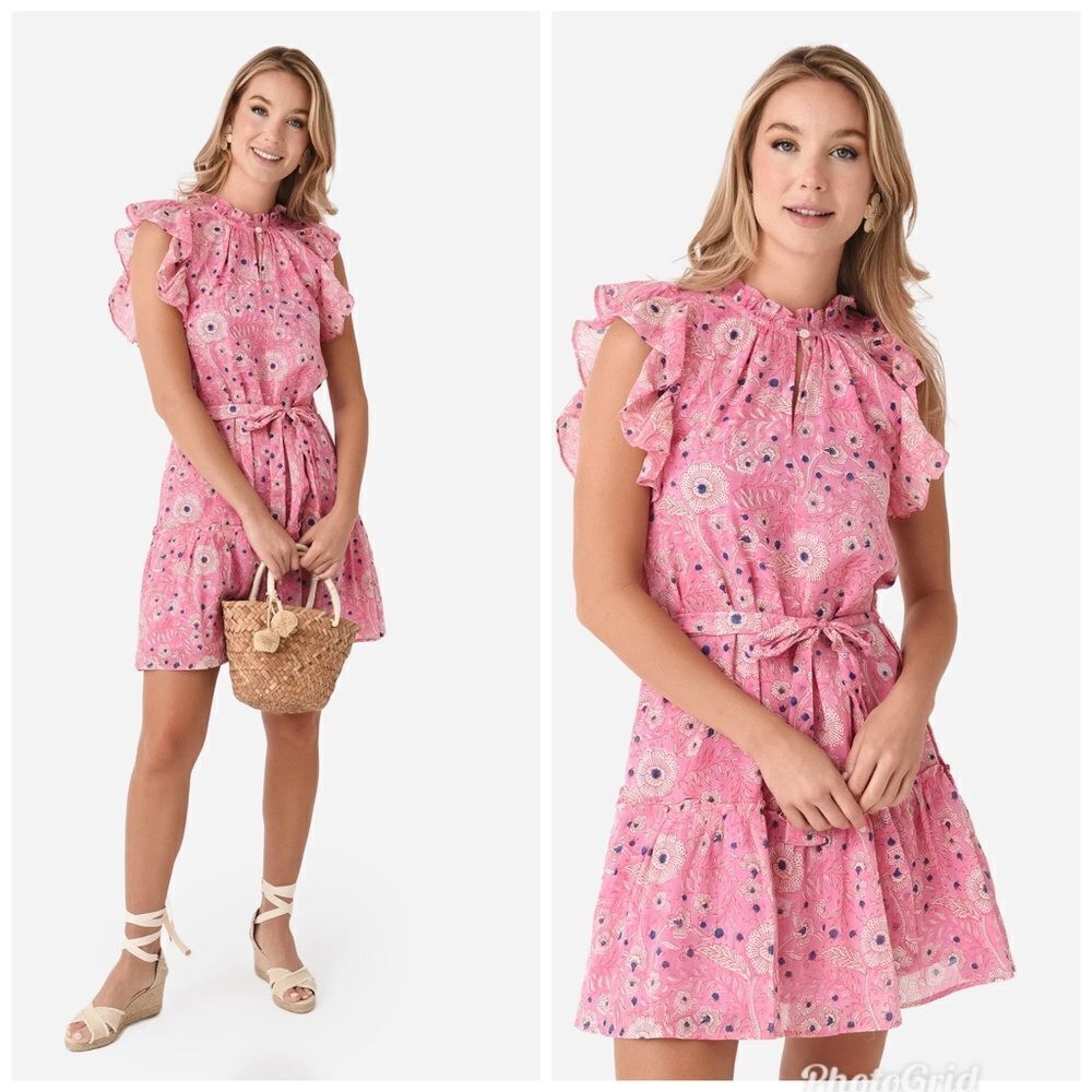 Revolve Oliphant Pink Flirty Floral Ruffle Hem Dress Size XL